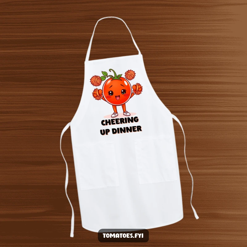 Funny apron depicting a determined tomato character enthusiastically cheering with tiny pom-poms, perfect for adding humor to cooking.
