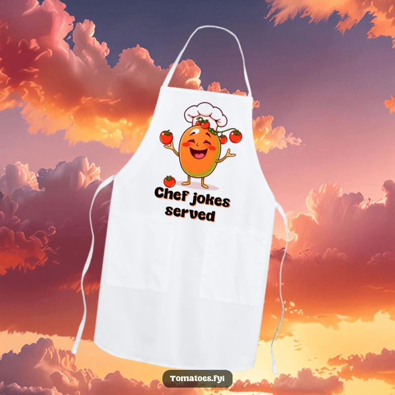 Funny laughing chef tomato apron, wearing a hat and juggling cherry tomatoes, humorous kitchen wear.