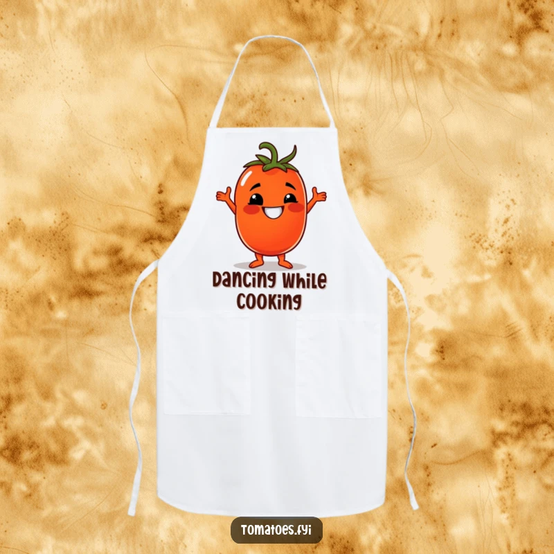 Funny apron with a grinning tomato character doing a disco dance, perfect for kitchen fun and protection.