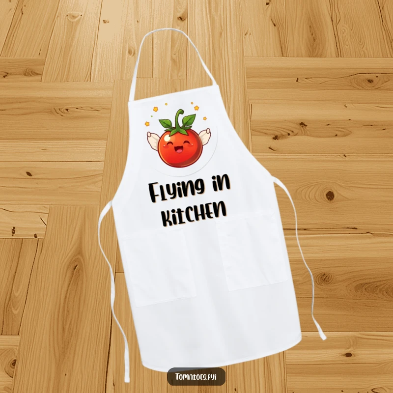 Funny joyful tomato character with tiny wings flying in a circle, printed on a functional and humorous kitchen apron.