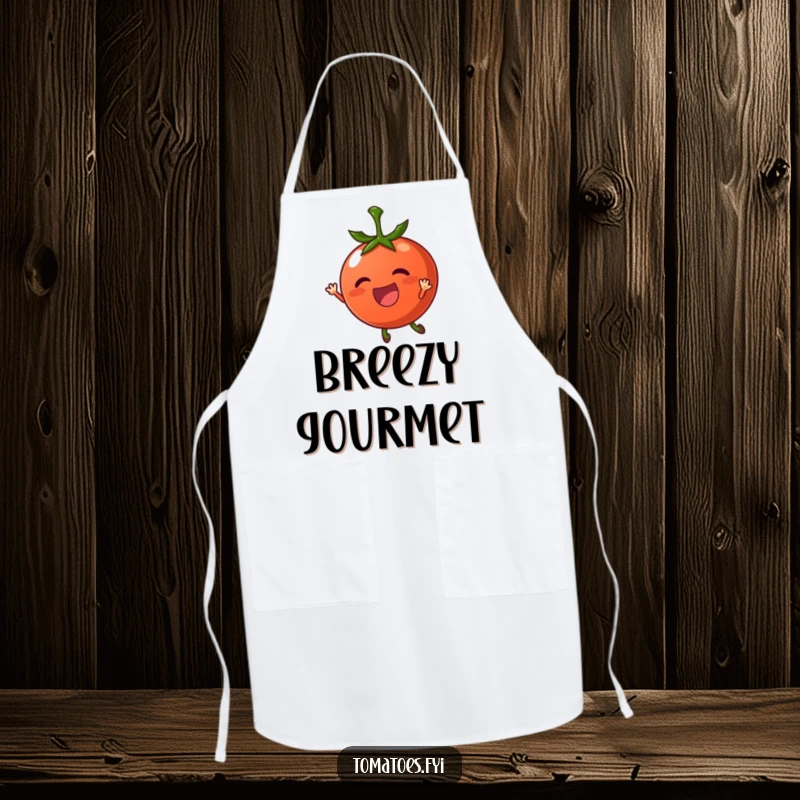 Funny apron with a thrilled tomato character being carried by a gentle breeze, a calming kitchen essential.