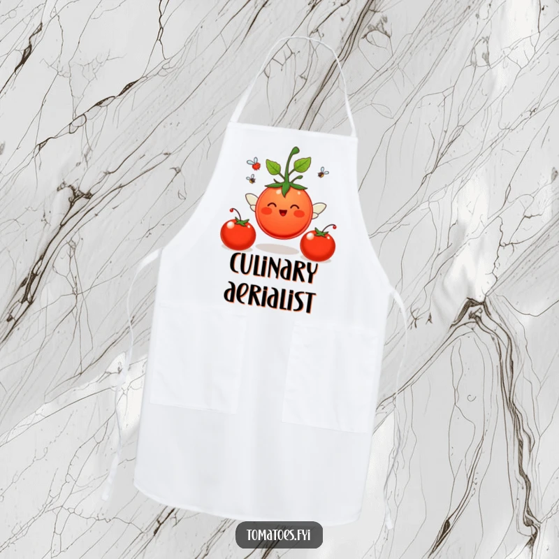 Funny Apron: A tomato sprouts wings and flies while cooking. A funny gift.