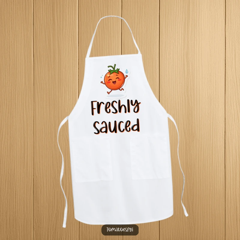 Funny apron depicting a cheerful tomato character happily skipping with a dewdrop, ready for joyful culinary activities.
