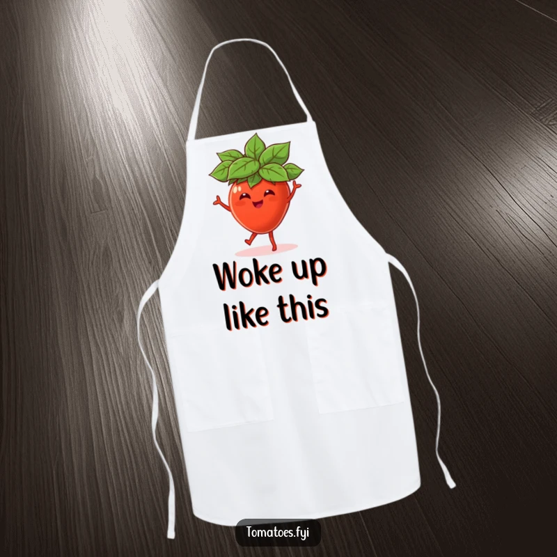 Funny apron showcasing a jubilant tomato character in a leaf hat, dancing enthusiastically, adding fun to cooking tasks.