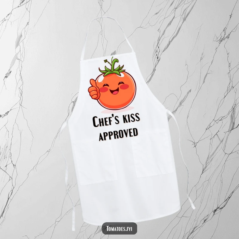 Funny apron showcasing a happy tomato with rosy cheeks giving a thumbs-up, perfect for cheerful cooking.