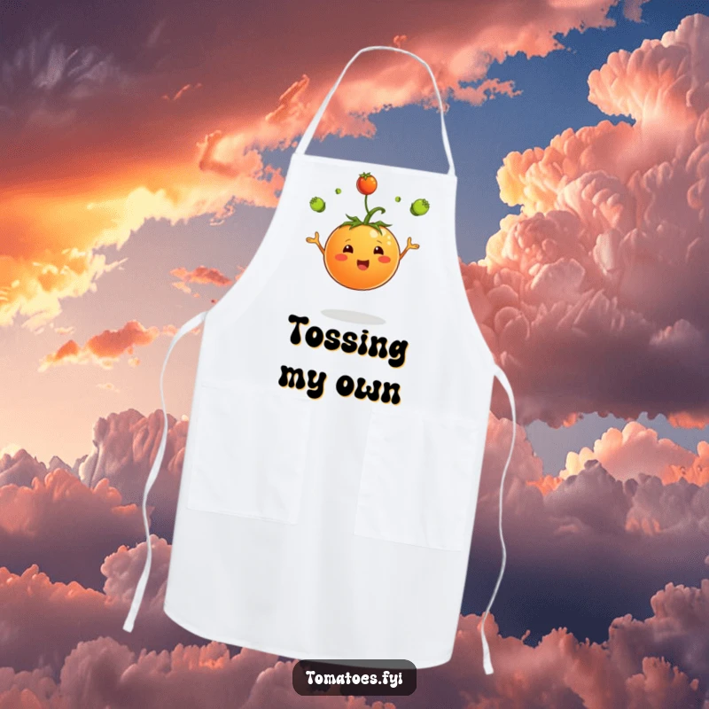 Funny apron with a jubilant tomato character skillfully juggling tiny green sprouts, perfect for a fun cooking or gardening session.