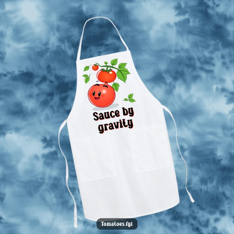 Funny tomato apron depicting a smiling tomato character joyfully rolling down a vine, adding humor to kitchen tasks.