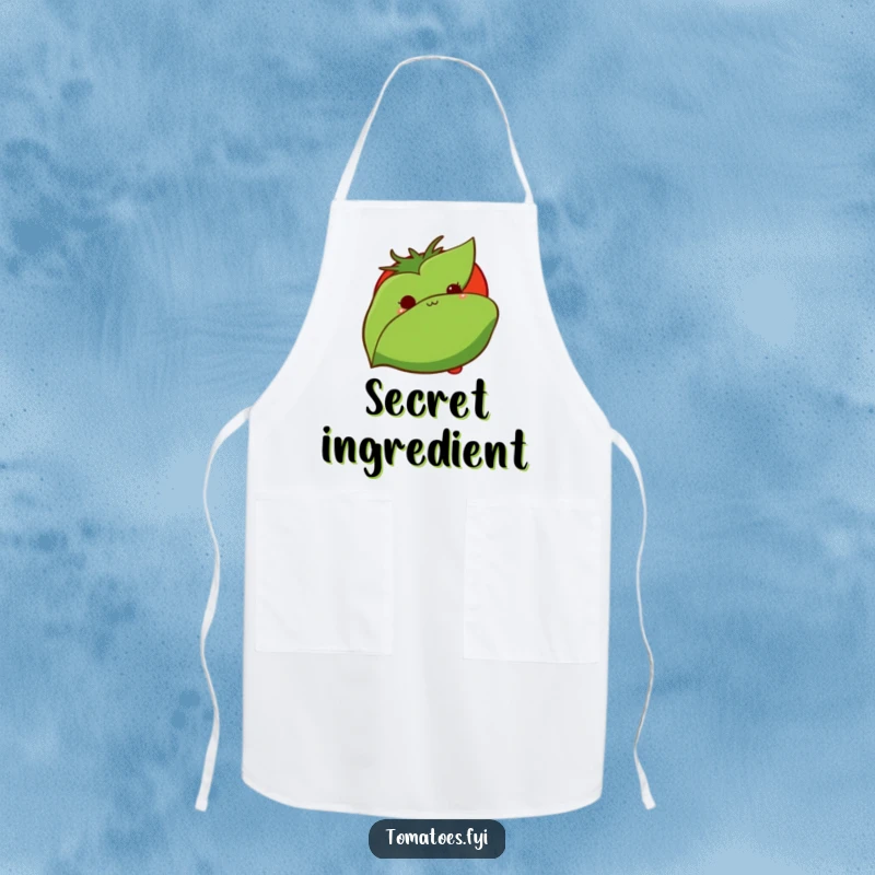 Funny apron shows a shy tomato peeking behind a leaf, adding gentle humor and practicality to kitchen tasks.