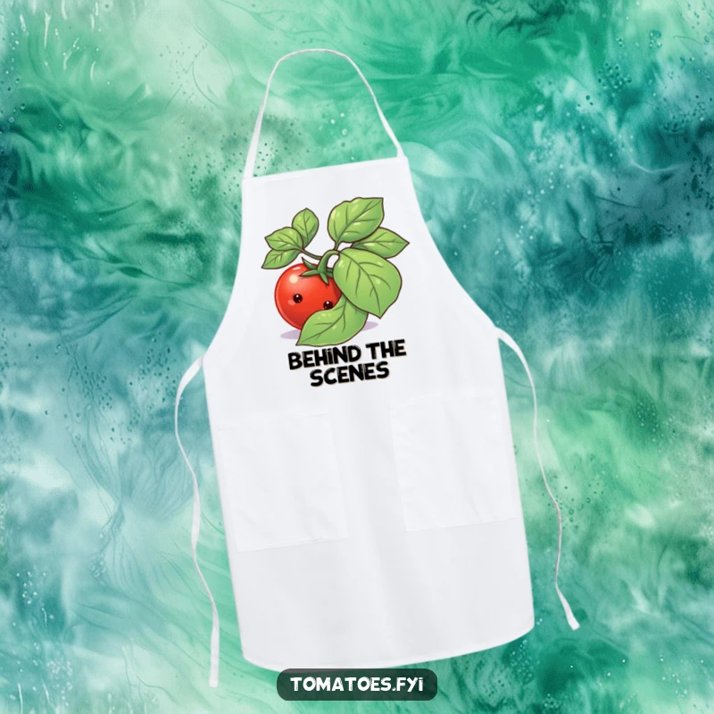 Funny shy tomato character peeking from behind a basil leaf, printed on a durable kitchen apron.
