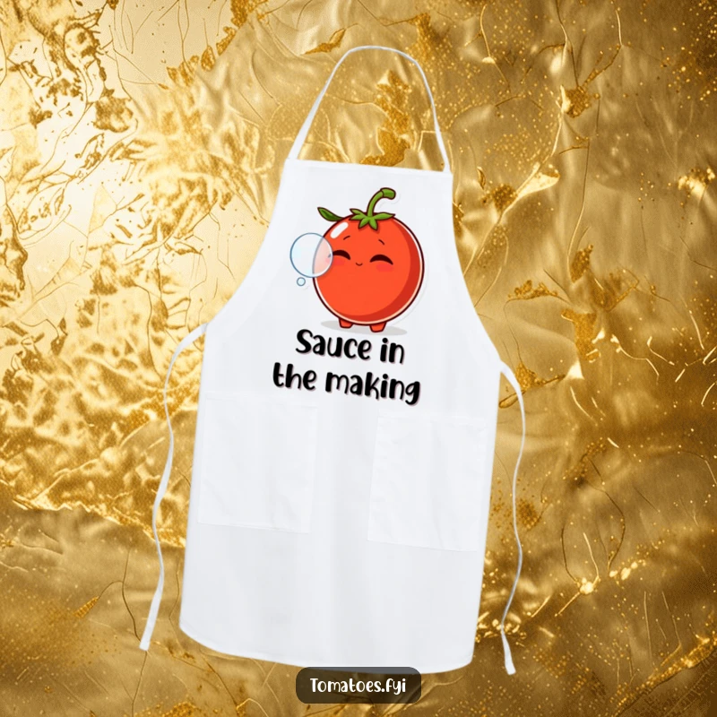 Funny kitchen apron with a smirking tomato character blowing a bubble with its mouth, perfect for cooking and kitchen fun.