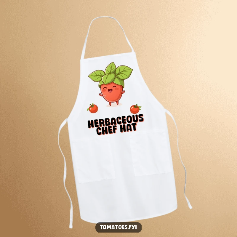 Funny apron showing a tiny tomato character gleefully trying to wear a giant basil leaf hat, for comedic cooking fun.