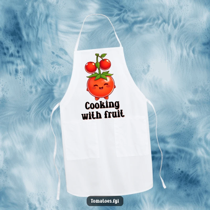 Funny tomato character comically wearing a cherry as a hat, featured on a durable kitchen apron.
