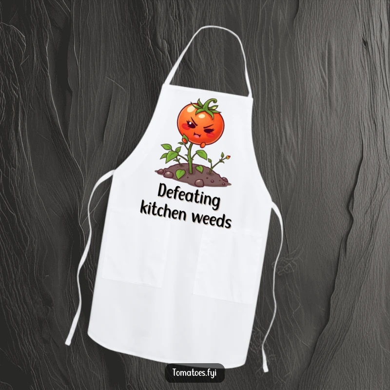 Funny apron showcasing a determined cartoon tomato making a serious attempt to climb a tiny weed, perfect for a motivated cook.