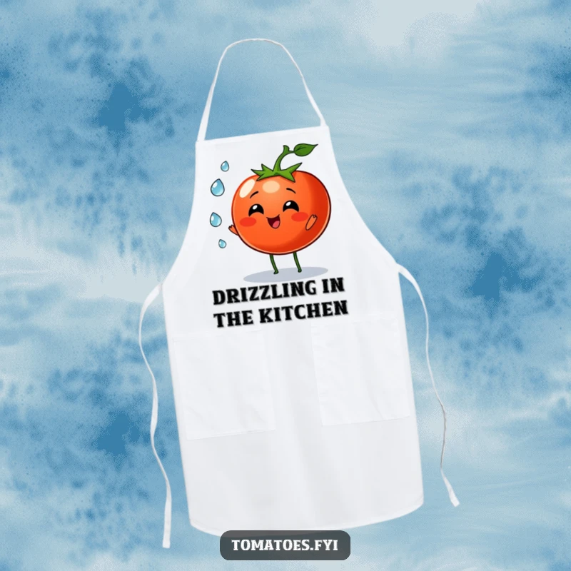Funny tomato character joyfully juggling three tiny dew drops on this kitchen apron, bringing whimsy to cooking.