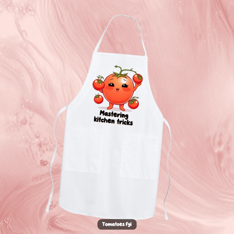 Funny tomato apron depicting a plump tomato character juggling cherry tomatoes, designed for cooks who appreciate humor.