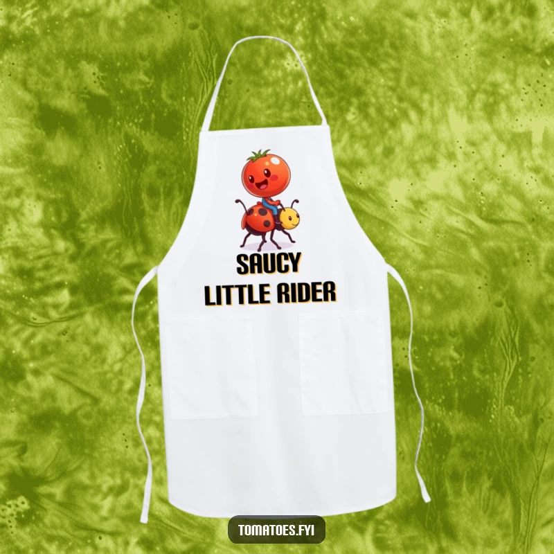 Funny apron showing a tomato character comically riding a ladybug like a tiny steed, perfect for kitchen fun and humor.