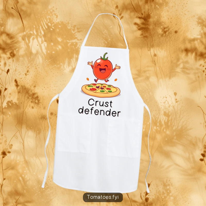 Funny cheerful tomato character joyfully bouncing on a giant pizza crust on a chef's apron.