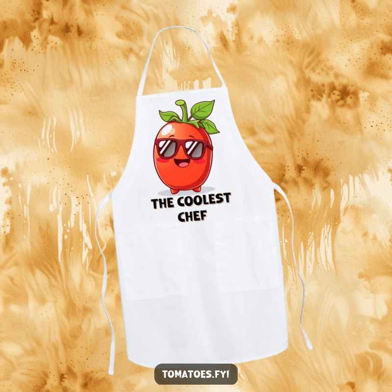 Funny Tomato Sunglasses Apron: A chef's apron featuring a happy tomato character wearing sunglasses.