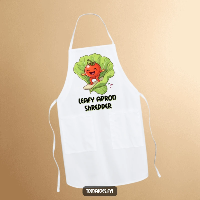 Funny grinning tomato character surfing on a giant lettuce leaf, on a stylish and funny kitchen apron.