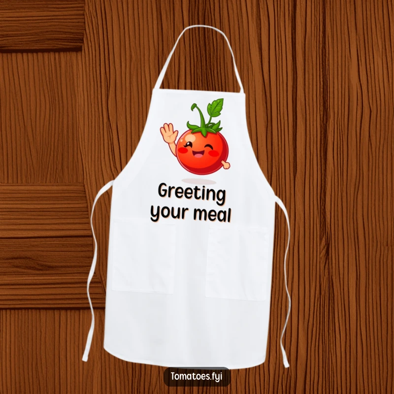 Funny apron depicting a smiling tomato character giving a friendly wave, perfect for adding humor to cooking and kitchen activities.