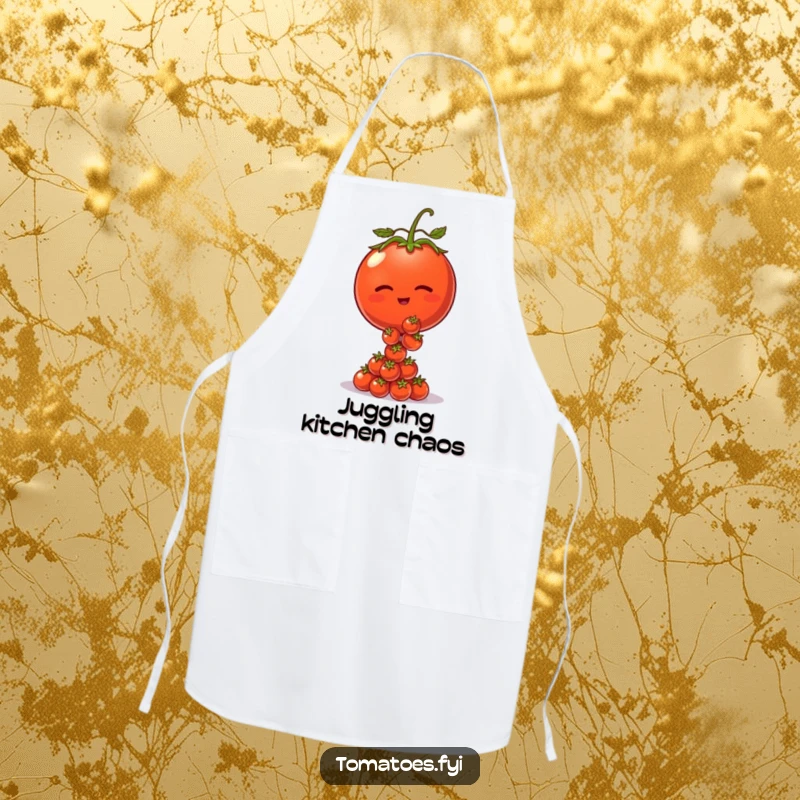 Funny apron with a winking tomato character balancing tiny tomatoes, perfect for kitchen fun and protection.