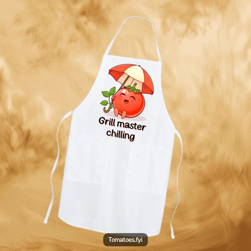 Funny apron with a content tomato character relaxing under a tiny umbrella, perfect for relaxed cooking and kitchen fun.