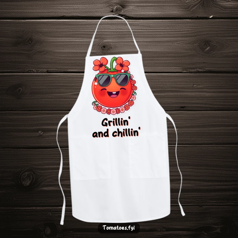 Funny tomato apron with a smiling tomato wearing sunglasses and a lei, perfect for kitchen tasks with a humorous tropical theme.