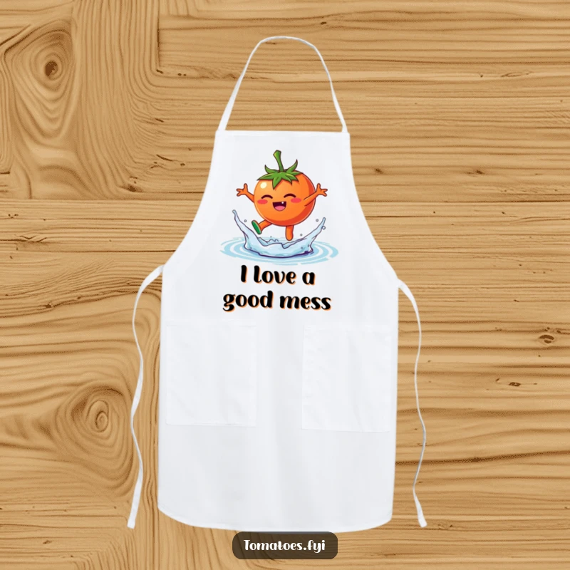 Funny apron depicting a happy tomato character leaping into a playful water splash, perfect for adding fun to cooking.