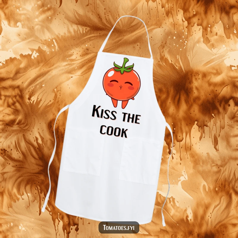 Funny apron showing a tomato character puckering up to blow a small kiss, adding charm to kitchen duties.