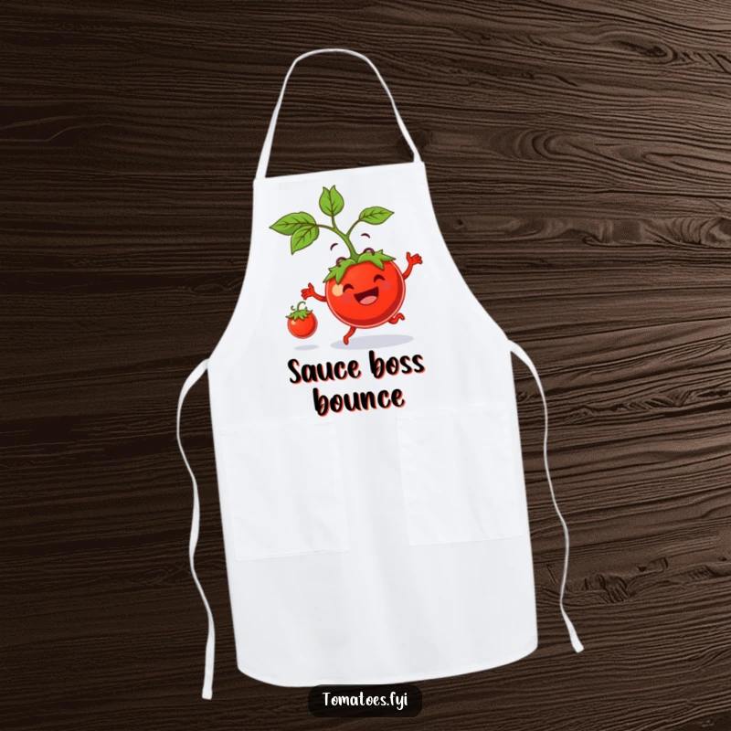 Funny apron shows a grinning tomato parent bouncing a tiny tomato, perfect for kitchen duties and adding humor to cooking.