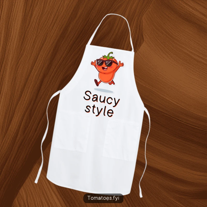 Funny apron with a cool tomato character in sunglasses doing a playful jump, ideal for energetic and humorous cooking.