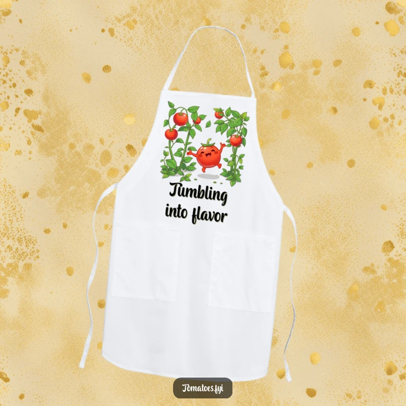 Funny apron showcasing a joyful cartoon tomato doing a cartwheel amongst green plants, perfect for a spirited chef.