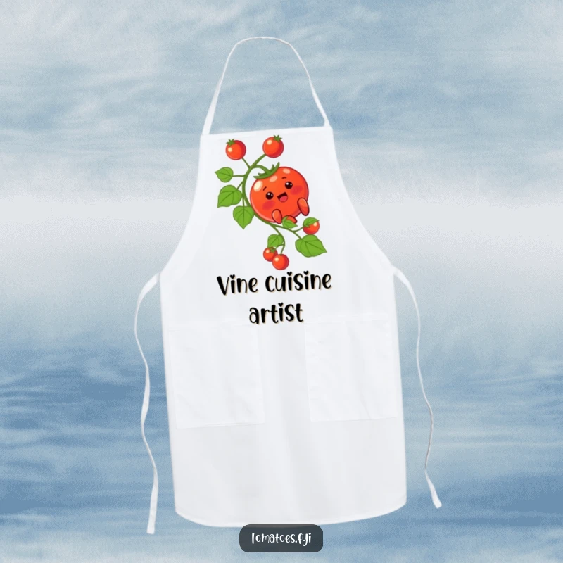 Funny Apron: A blushing tomato character slides down a vine, adding fun to cooking. A funny gift.