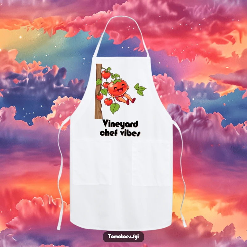 Funny apron depicting a tomato character joyfully sliding down a vine, perfect for adding humor to cooking and kitchen activities.