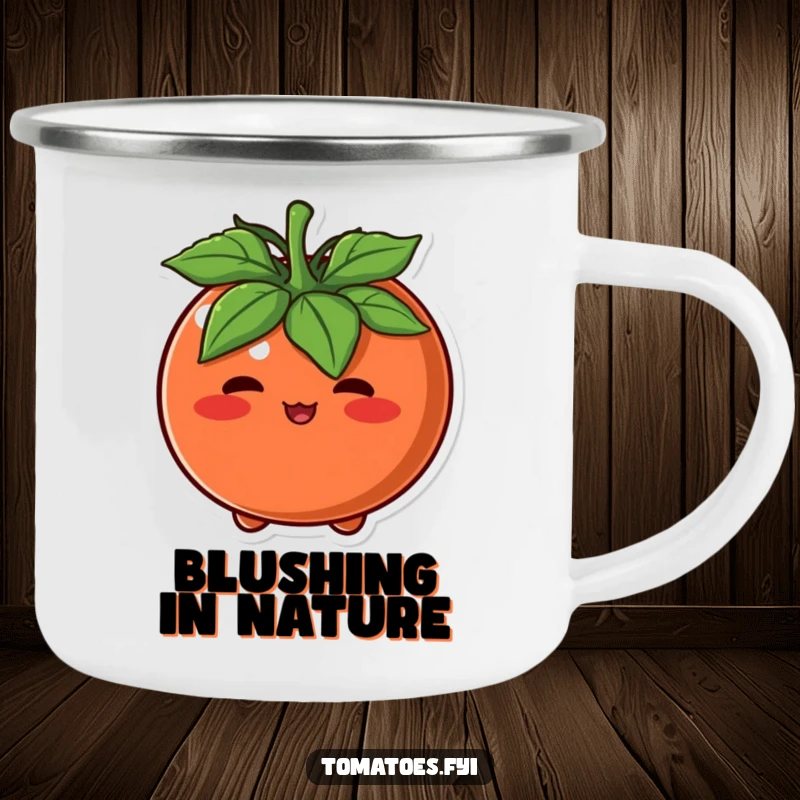 Funny Camping Mug of a round tomato character blushing intensely, perfect for shy outdoor moments with humor.