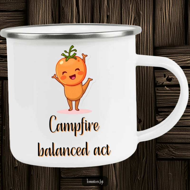 Funny tomato character hilariously trying to do a handstand on this durable camping mug, ideal for outdoor laughs.