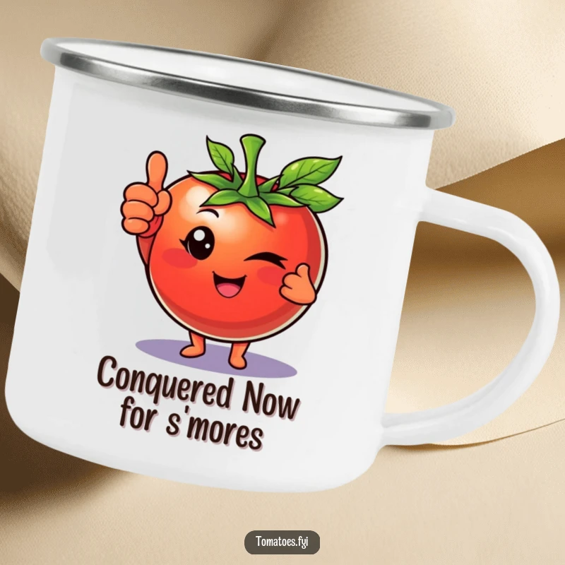 Funny camping mug featuring a tomato character winking and giving a thumbs up, perfect for outdoor enthusiasts who appreciate approval.