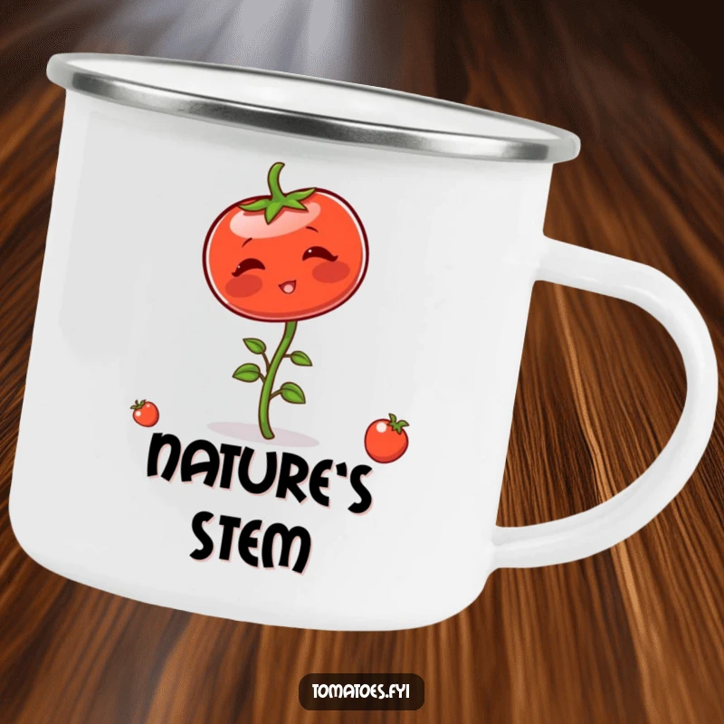 Funny camping mug showing a blushing tomato character comically trying to balance on its stem, perfect for outdoor adventures and laughs.