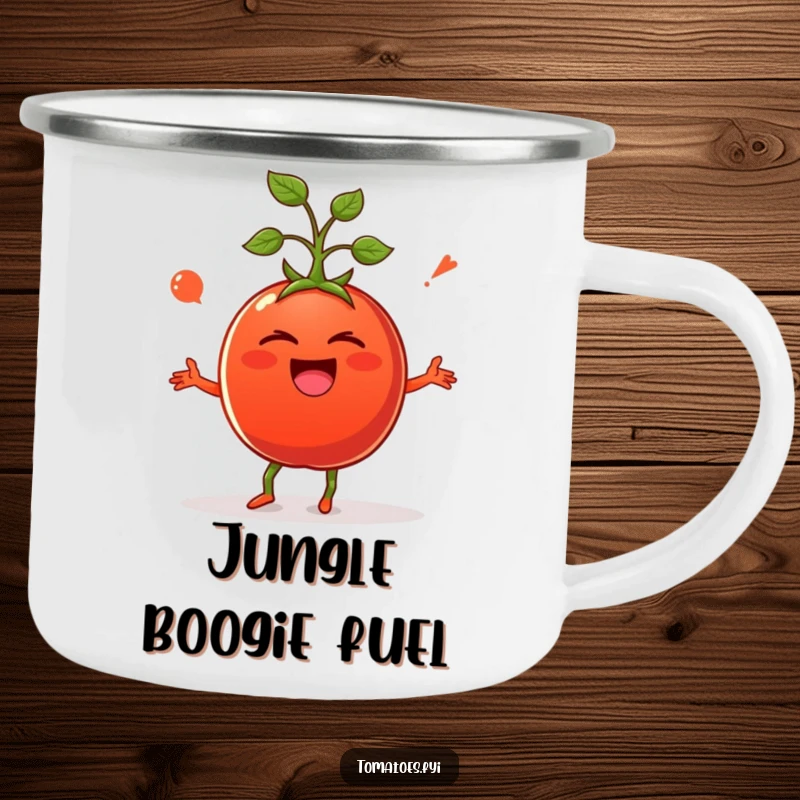 Funny camping mug featuring a giggling tomato in a silly dance, bringing humor to outdoor adventures.