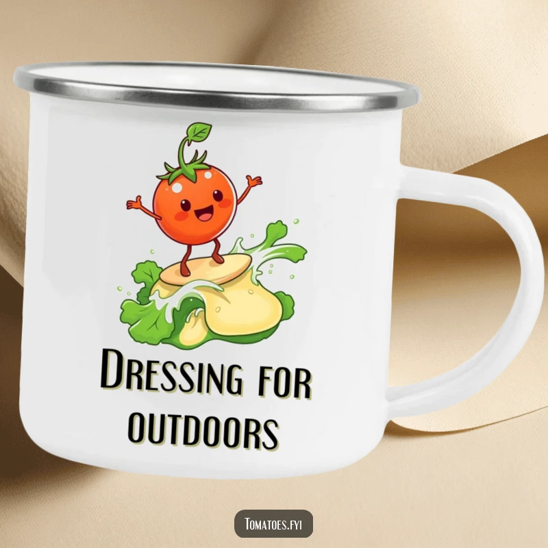 Funny Camping Mug: A tomato surfs a wave of salad dressing. A funny gift.