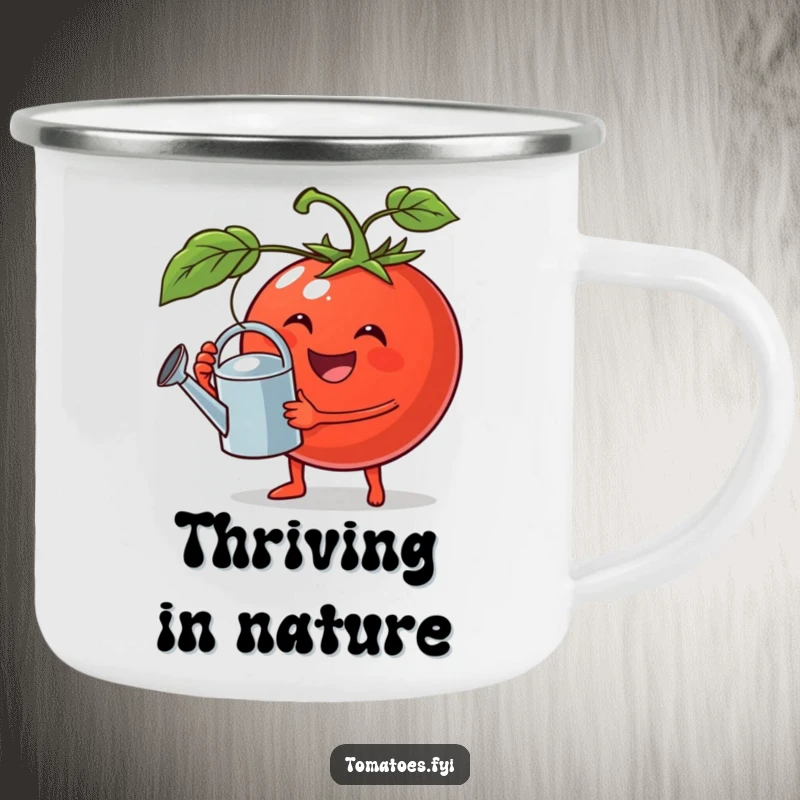 Funny camping mug featuring a jovial tomato with a tiny watering can, bringing garden humor to outdoor settings.