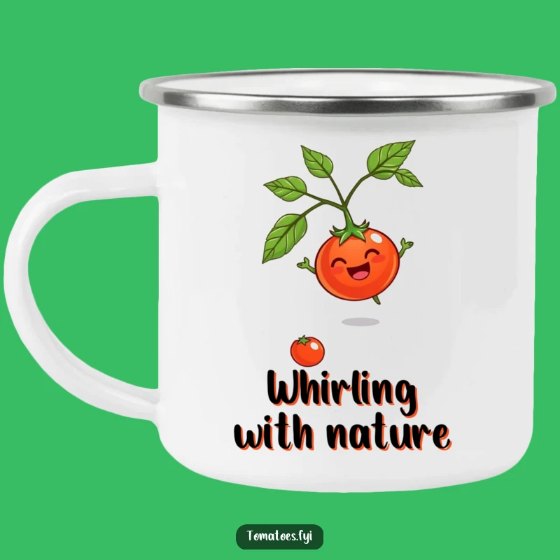 Funny Jovial Tomato Camping Mug: Spinning outdoors, awesome funny gift for adventurers.