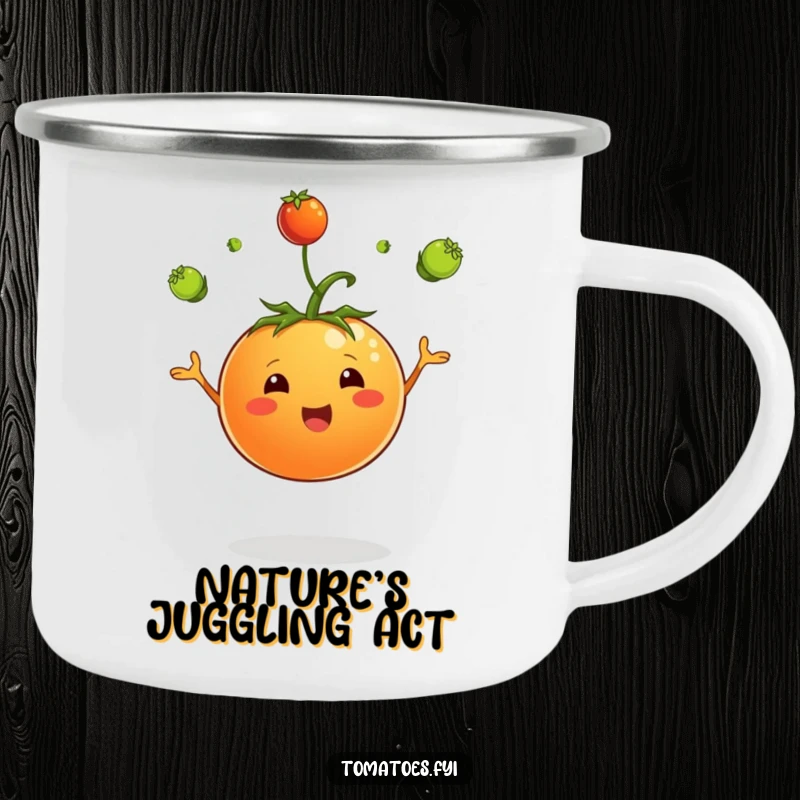 Funny camping mug with a jubilant tomato character juggling sprouts, ideal for enjoying coffee or tea in the great outdoors.