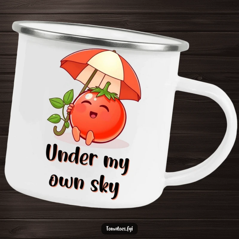 Funny camping mug featuring a content tomato character relaxing under a tiny umbrella, ideal for peaceful outdoor enjoyment.