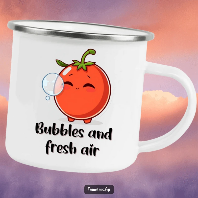 Funny enamel camping mug showing a smirking tomato character blowing a bubble with its mouth, perfect for outdoor enjoyment.
