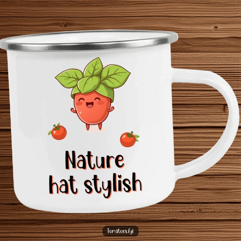 Funny camping mug of a tiny tomato character wearing a giant basil leaf hat, for comedic food-themed outdoor enjoyment.