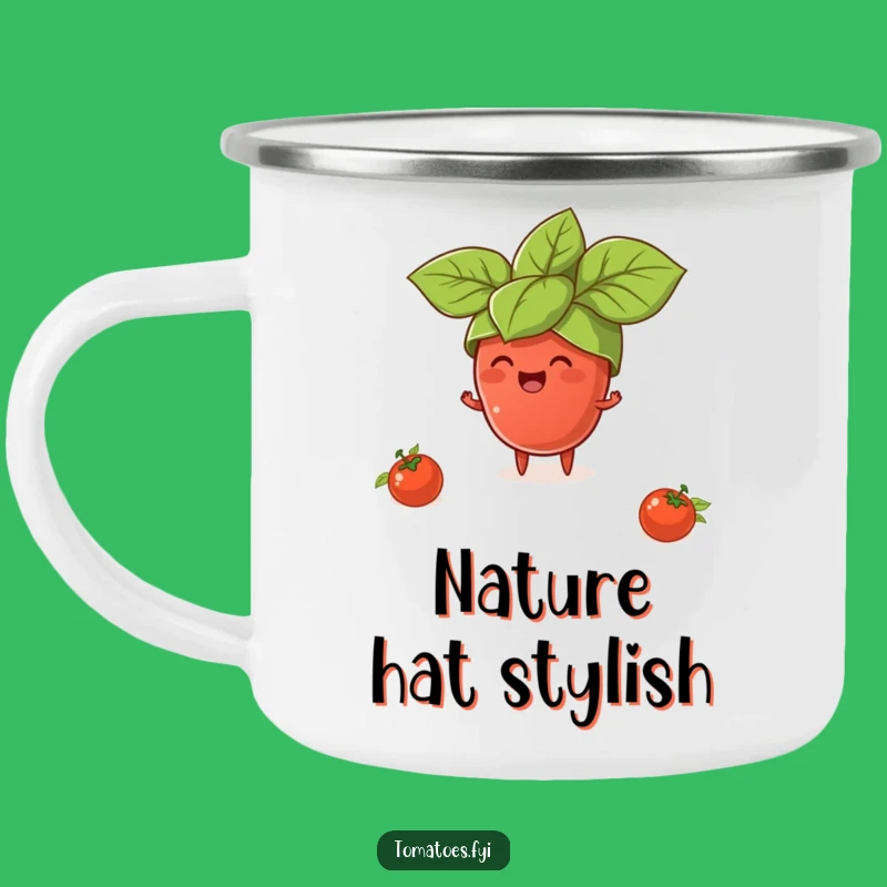 Funny Tomato Basil Camp Mug: Comedic Tiny Character Art for Foodies