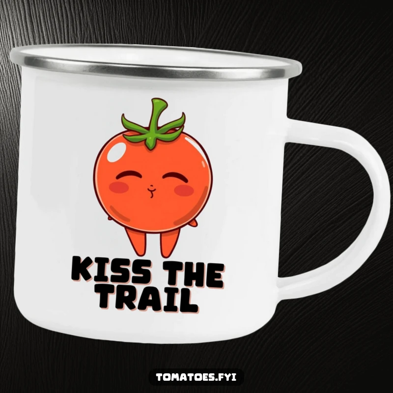 Funny camping mug depicting a tomato character blowing a tiny kiss, perfect for sharing love on adventures.