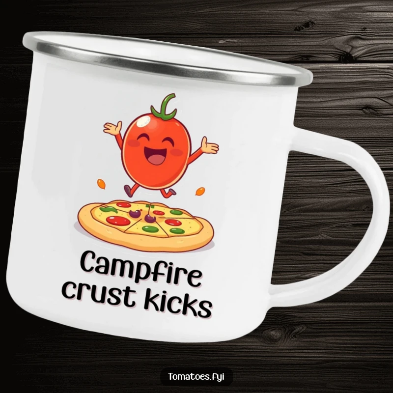 Funny cheerful tomato character joyfully bouncing on a giant pizza crust on a durable camping mug.