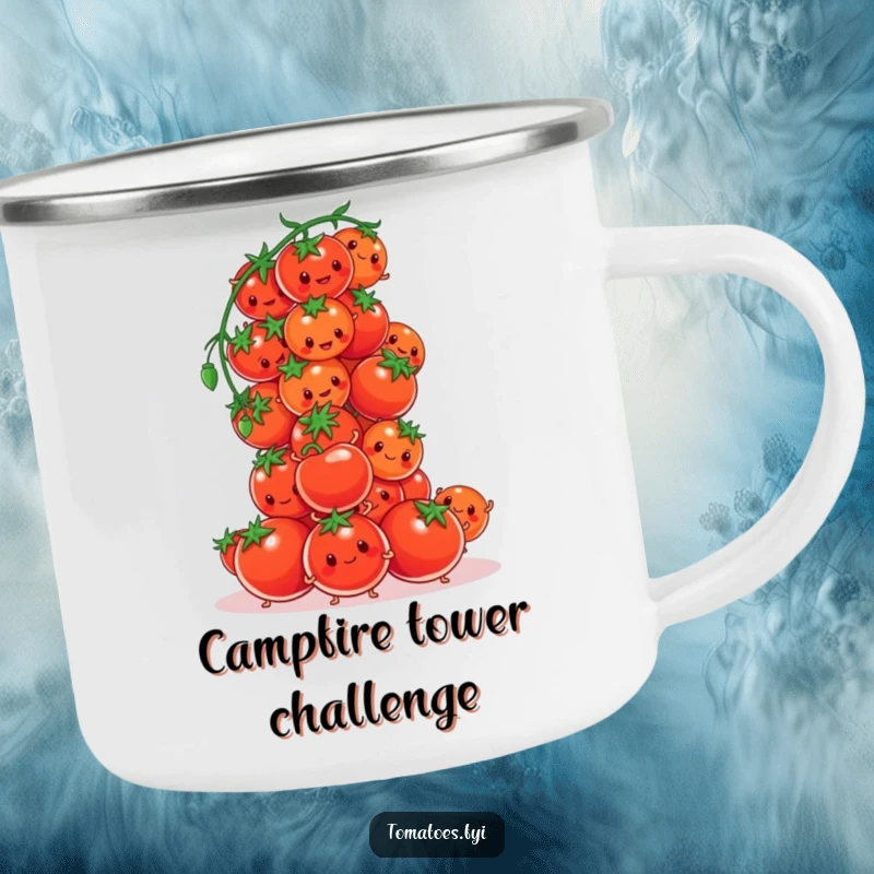 Funny tomato characters comically trying to build a tower of cherry tomatoes on this durable camping mug, for outdoor laughs.